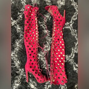 Pink Lace-Up Thigh High Heels